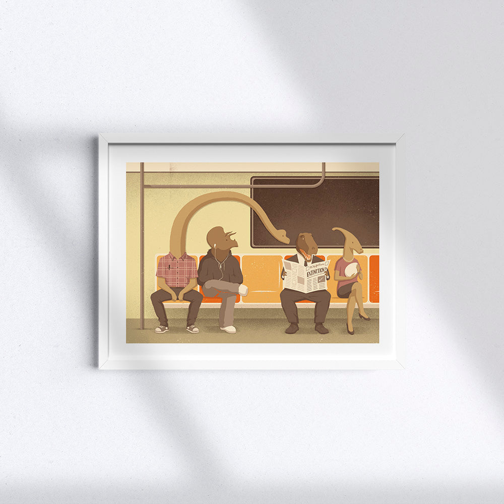 Illustrazione "Dino Subway" di Davide Bonazzi, con cornice in legno bianco.