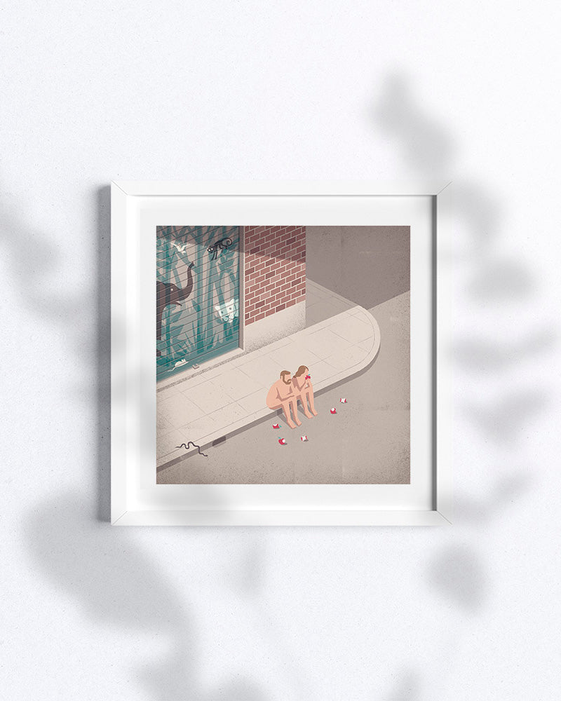 Poster in formato quadrato dell'illustrazione "Eden" di Davide Bonazzi, con cornice bianca.