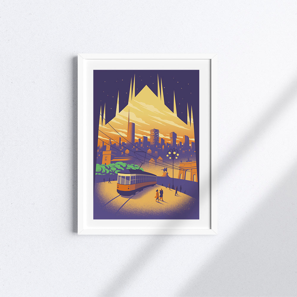 Poster "Milano", di Davide Bonazzi, immagine della città dai toni del viola e dell'arancione.