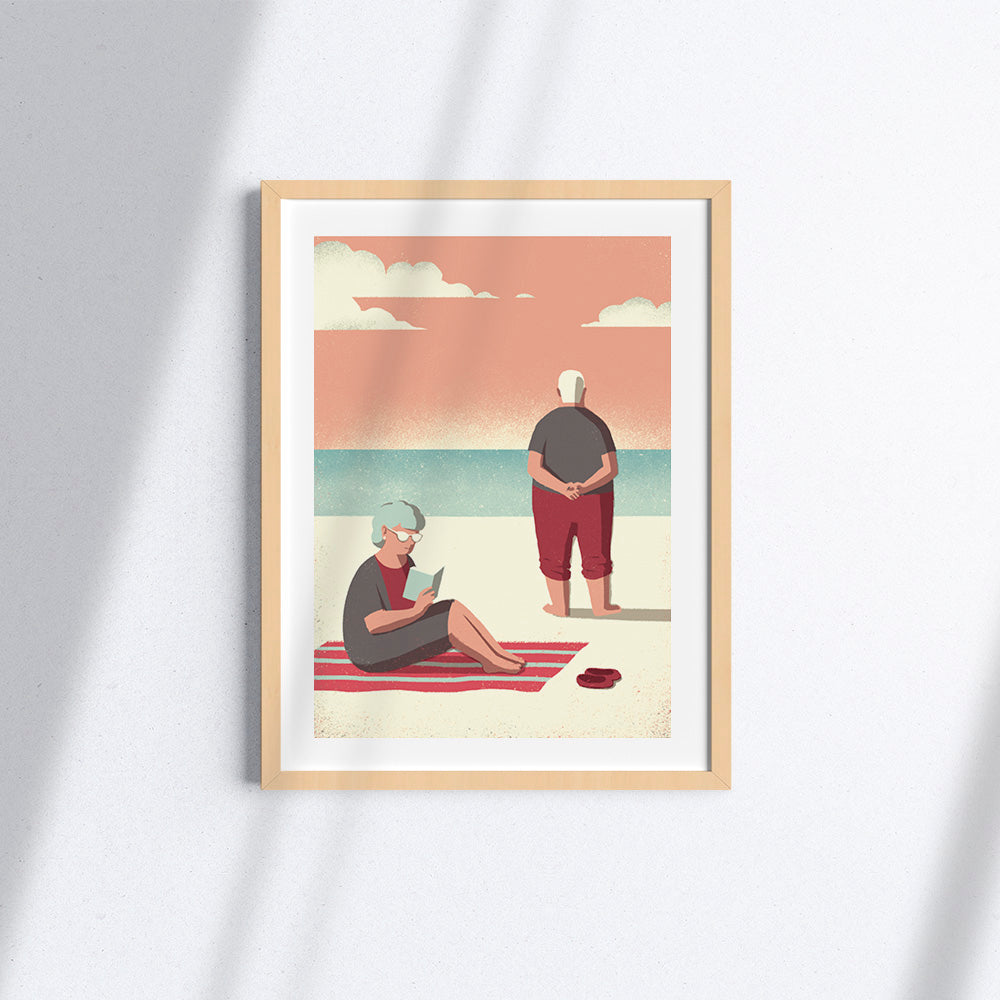"Daytrippers: At the beach" poster in fine art con cornice di legno naturale.