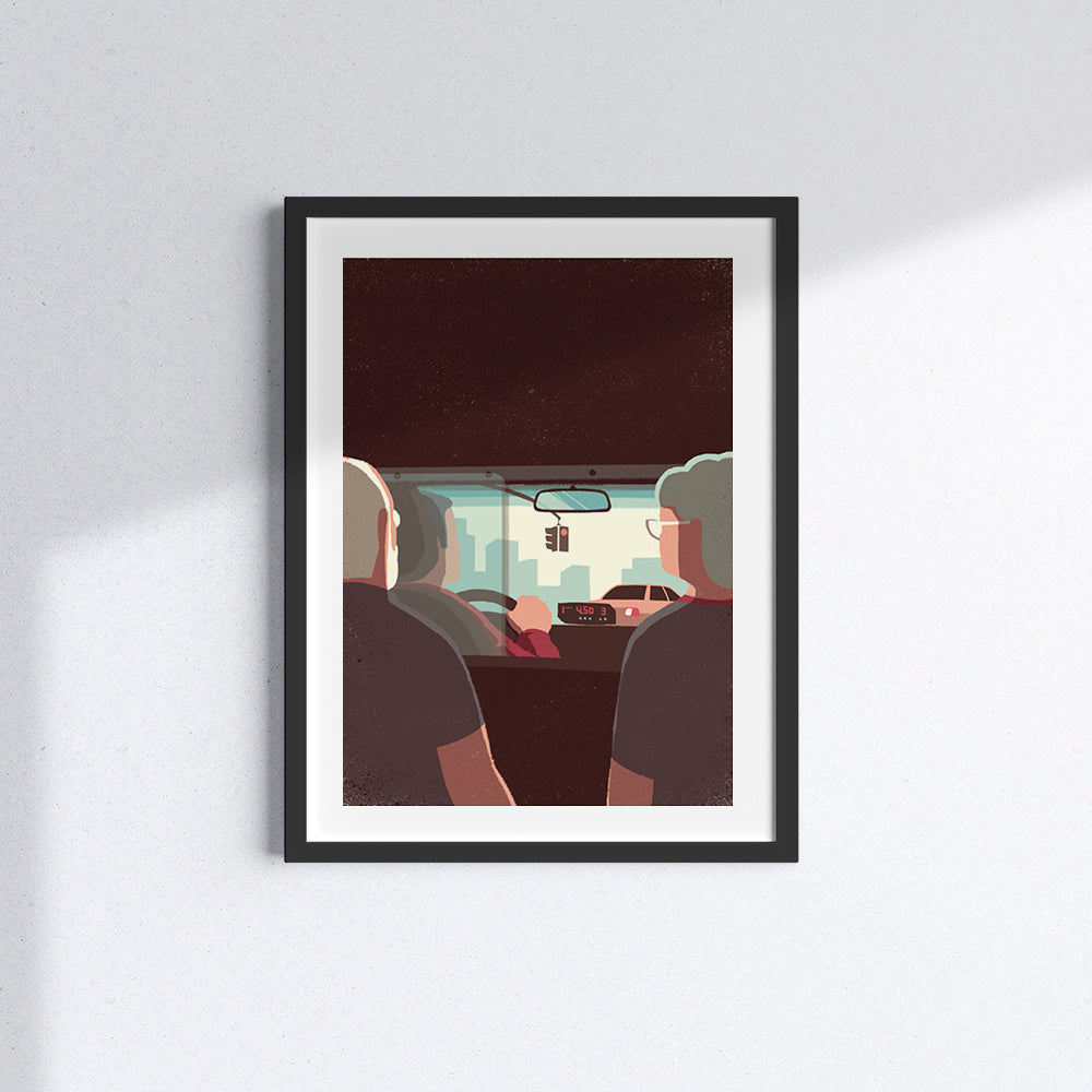 Poster "Daytrippers: Taxi drive" di Davide Bonazzi con cornice di legno nera.