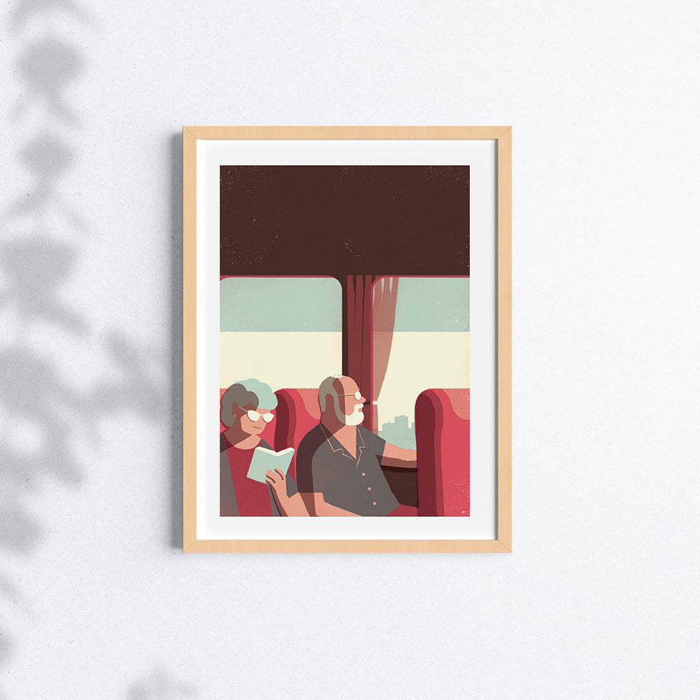 L'opera "Daytrippers: On the train" di Davide Bonazzi rappresenta una coppia di anziani su un treno in viaggio per New York.