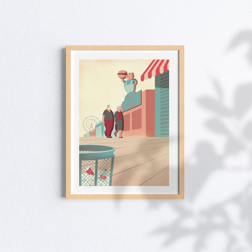 "Daytrippers: Coney Island" poster dell'illustrazione di Davide Bonazzi con cornice di legno naturale.