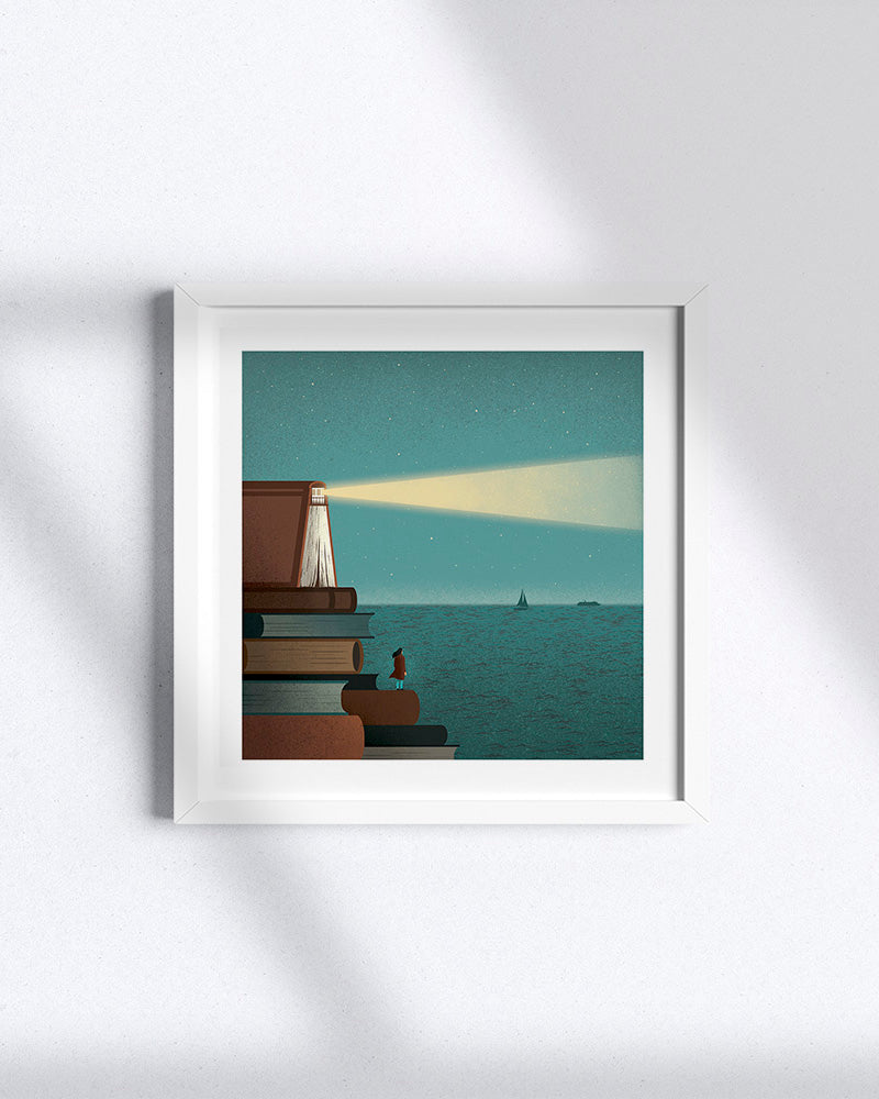 Fine art poster "Lighthouse Book" di Davide Bonazzi in formato quadrato con cornice bianca.