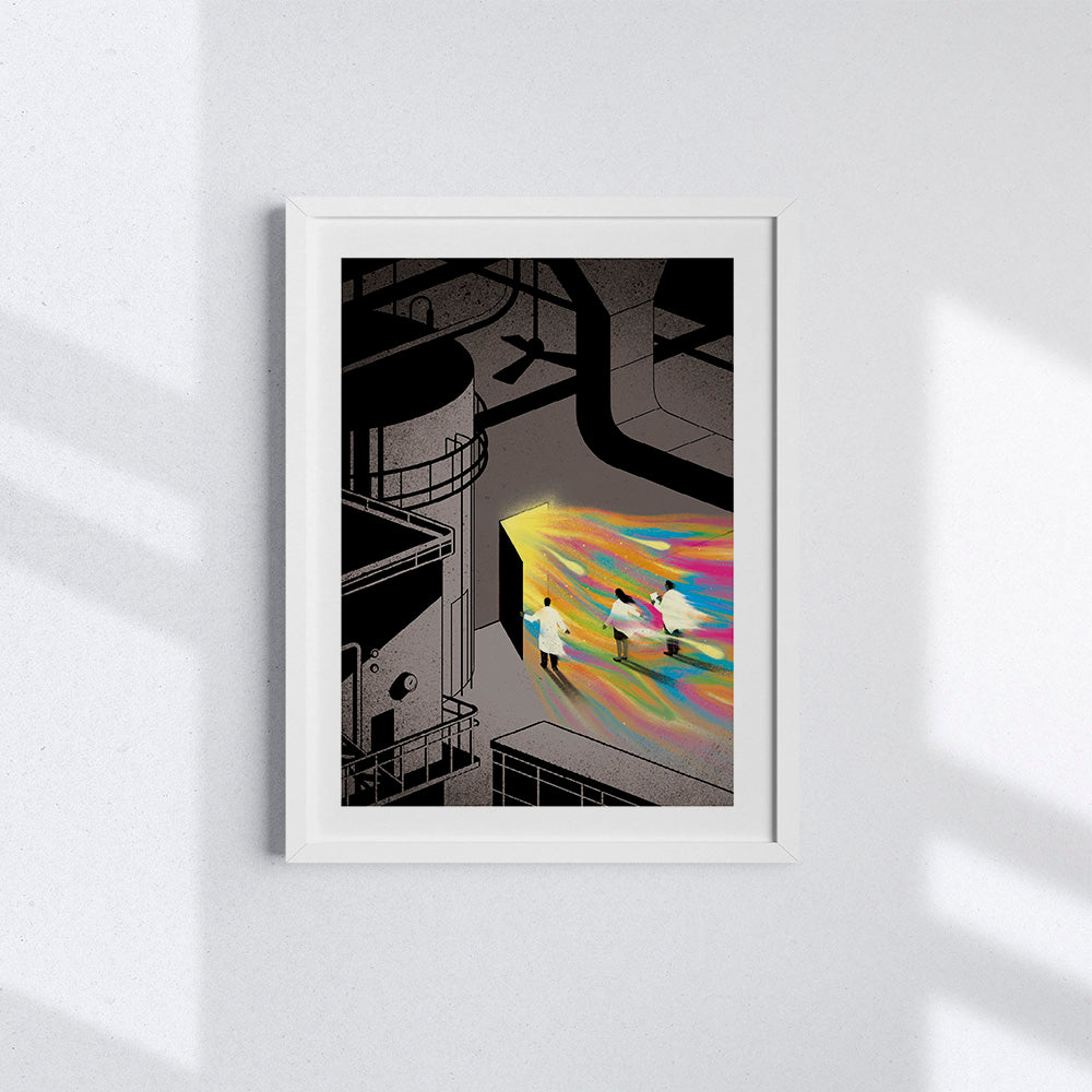 Illustrazione "Rainbow factory" con cornice di legno bianca.