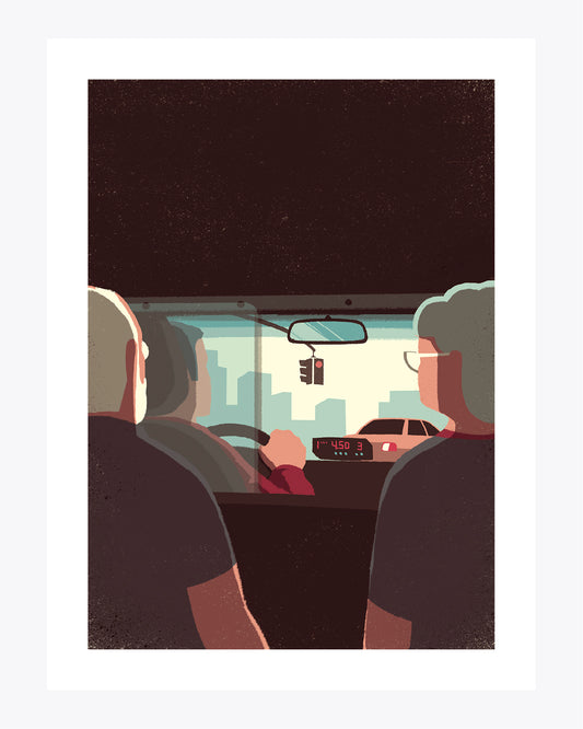 "Daytrippers: Taxi drive" illustrazione di Davide Bonazzi.