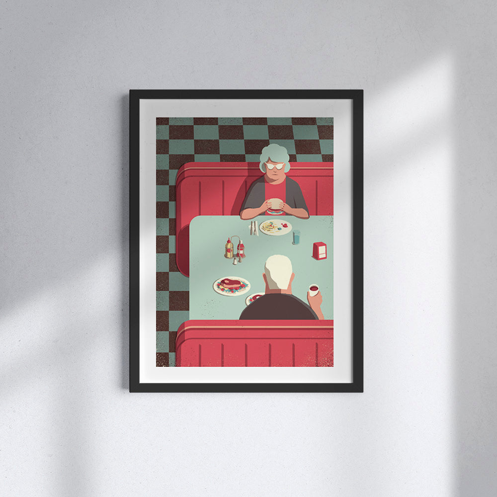 Poster di "Daytrippers: At the Diner" di Davide Bonazzi, rappresenta una coppia di anziani a cena in un tipico diner americano durante un viaggio a New York.