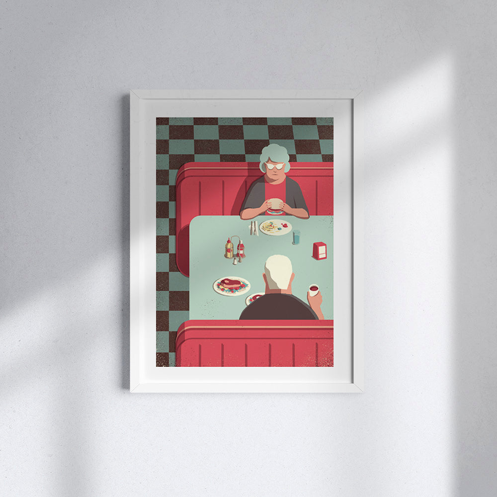 Poster di "Daytrippers: At the Diner" di Davide Bonazzi, con cornice di legno bianca.