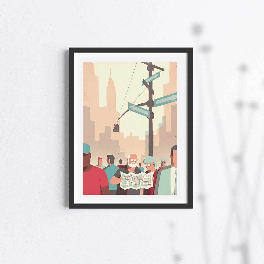 Poster "Daytrippers: The Map" di Davide Bonazzi: rappresenta una coppia di anziani in viaggio a New York, mentre studiano l'itinerario sulla mappa.