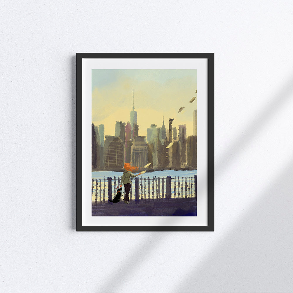 Poster in fine art che rappresenta una ragazza e il suo cane a New York.