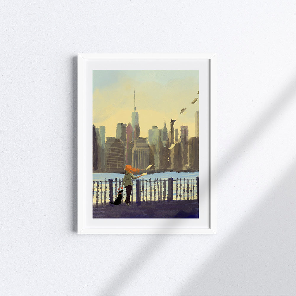 Poster "Letters from New York" con protagonista una ragazza dai capelli rossi insieme al suo cane sulle rive del fiume Hudson.