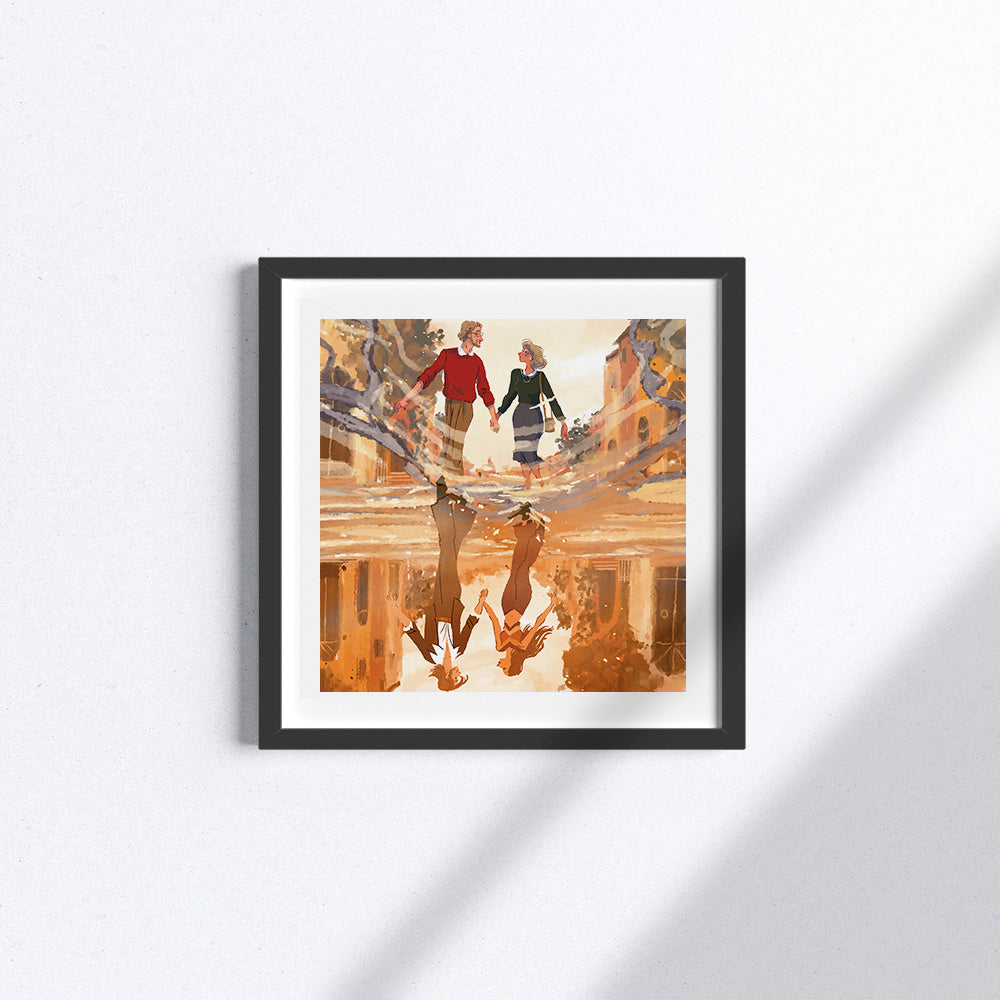 Stampa "Memories" con cornice di legno nera.