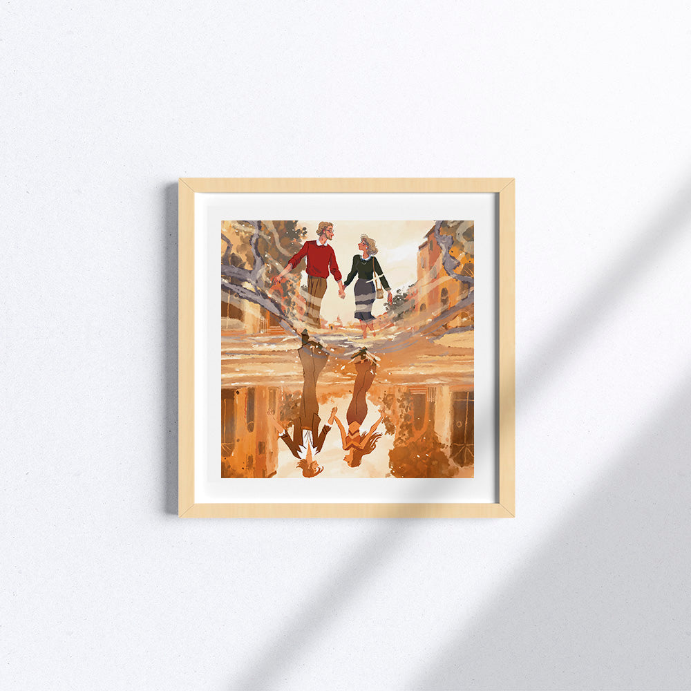 Opera "Mirror" di Ilaria Urbinati che rappresenta una coppia che si riflette in uno specchio d'acqua, rivelando un momento felice del passato.